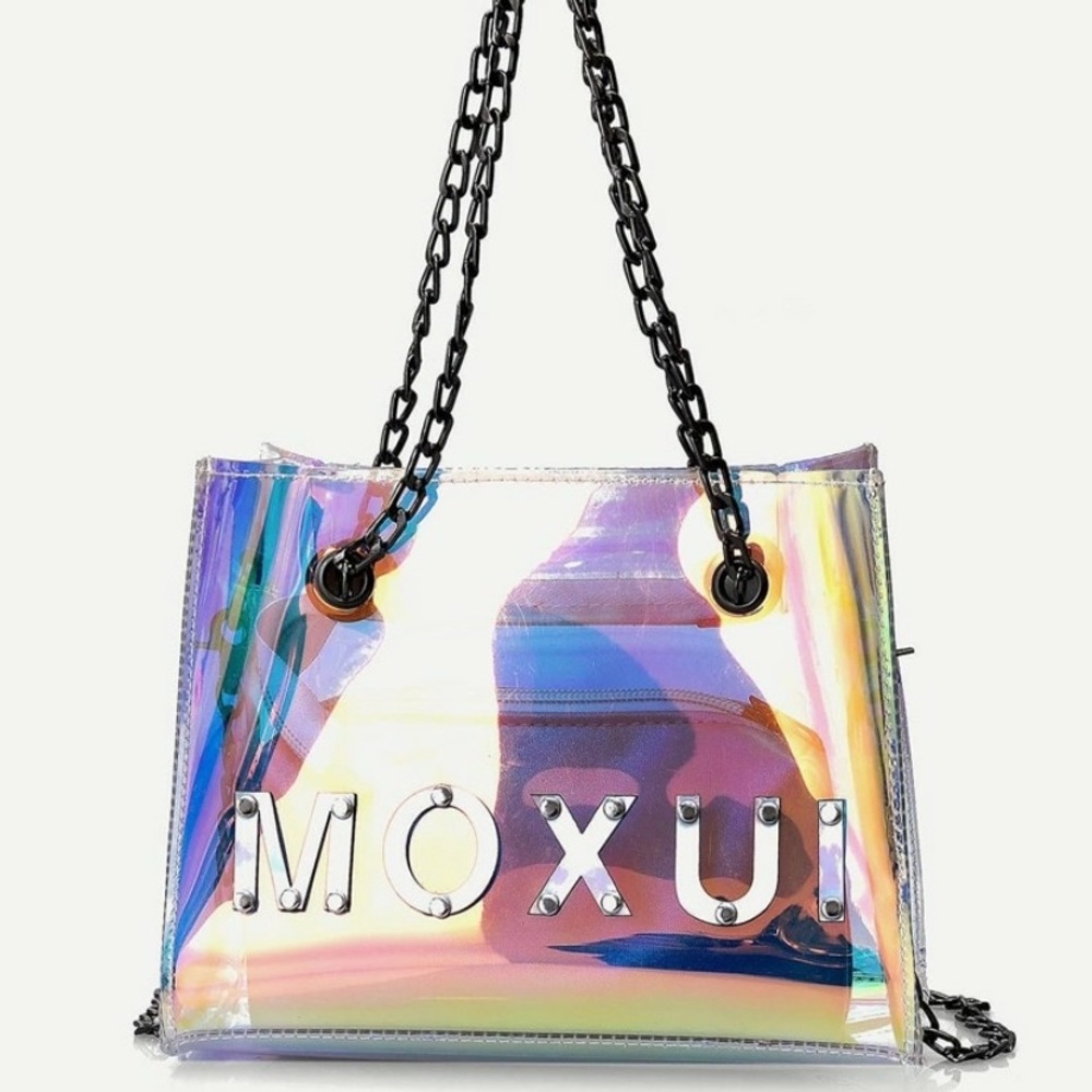 Purse iridescent with metal chain and metal decal